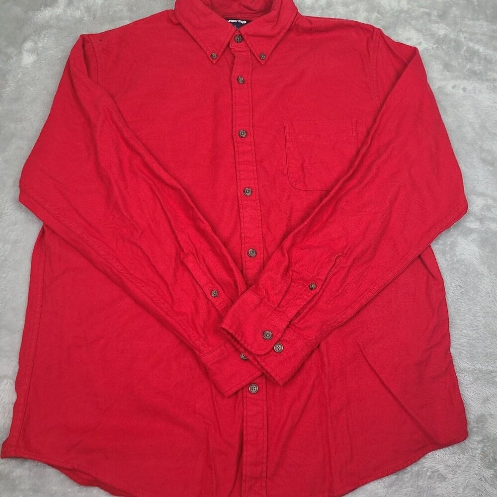 Lands End Long Sleeve Red Men's Traditional Fit Flagship Flannel Shirt Size L